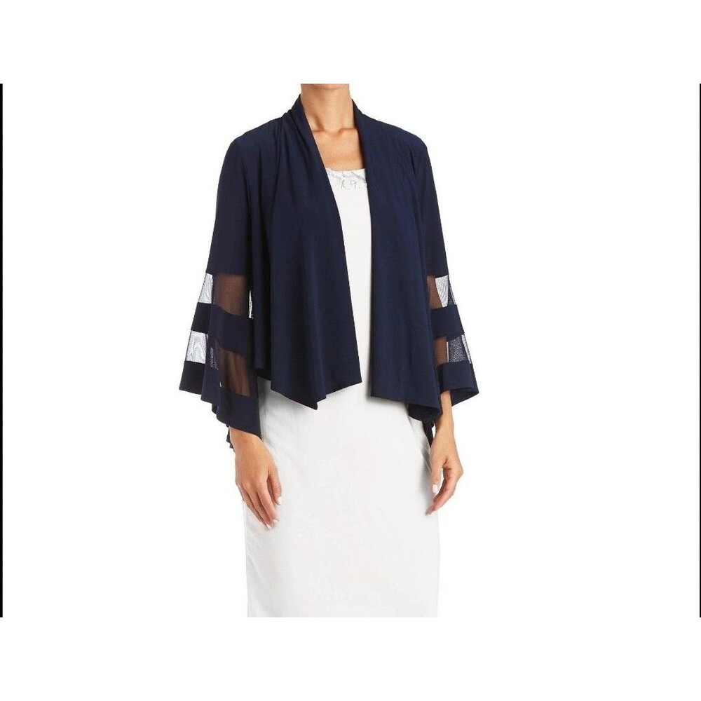 R&M RICHARDS Navy 3/4 Sleeve Open Front Duster Size L Poly Spandex Bell Sleeve